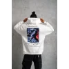 Erkek 3 İplik Pamuklu Kapüşonlu Baskılı Cepli Oversize Sweatshirt Hoodie - Beyaz