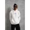 Erkek 3 İplik Pamuklu Kapüşonlu Baskılı Cepli Oversize Sweatshirt Hoodie - Beyaz