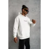 Erkek 3 İplik Pamuklu Kapüşonlu Baskılı Cepli Oversize Sweatshirt Hoodie - Beyaz