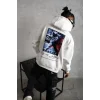 Erkek 3 İplik Pamuklu Kapüşonlu Baskılı Cepli Oversize Sweatshirt Hoodie - Beyaz