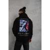 Erkek 3 İplik Pamuklu Kapüşonlu Baskılı Cepli Oversize Sweatshirt Hoodie - Siyah
