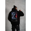 Erkek 3 İplik Pamuklu Kapüşonlu Baskılı Cepli Oversize Sweatshirt Hoodie - Siyah