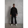 Erkek 3 İplik Pamuklu Kapüşonlu Baskılı Cepli Oversize Sweatshirt Hoodie - Siyah