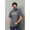 Erkek Kısa Kol Yazlık Tişört Bisiklet Yaka Baskılı Oversize T-Shirt - Füme
