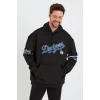 Erkek 3 İplik Pamuklu Kapüşonlu Baskılı Cepli Oversize Sweatshirt Hoodie - Siyah
