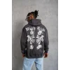 Erkek 3 İplik Pamuklu Kapüşonlu Baskılı Cepli Oversize Sweatshirt Hoodie - Füme