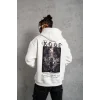 Erkek 3 İplik Pamuklu Kapüşonlu Baskılı Cepli Oversize Sweatshirt Hoodie - Beyaz
