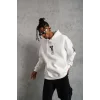 Erkek 3 İplik Pamuklu Kapüşonlu Baskılı Cepli Oversize Sweatshirt Hoodie - Beyaz