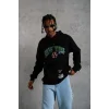 Erkek 3 İplik Pamuklu Kapüşonlu Baskılı Cepli Oversize Sweatshirt Hoodie - Siyah