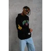 Erkek 3 İplik Pamuklu Kapüşonlu Baskılı Cepli Oversize Sweatshirt Hoodie - Siyah
