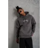 Erkek 3 İplik Pamuklu Kapüşonlu Baskılı Cepli Oversize Sweatshirt Hoodie - Gri