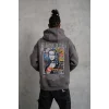 Erkek 3 İplik Pamuklu Kapüşonlu Baskılı Cepli Oversize Sweatshirt Hoodie - Gri