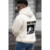 Erkek 3 İplik Pamuklu Kapüşonlu Baskılı Cepli Oversize Sweatshirt Hoodie - Beyaz