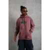 Erkek 3 İplik Pamuklu Kapüşonlu Baskılı Cepli Sweatshirt Hoodie - Gül Kurusu