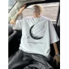 Erkek Baskılı Tişört Kısa Kol Bisiklet Yaka Oversize T-Shirt - Beyaz