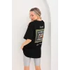 Kadın Kısa Kol Yazlık Tişört Bisiklet Yaka Baskılı Oversize T-Shirt - Siyah