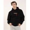 Erkek 3 İplik Pamuklu Kapüşonlu Baskılı Cepli Oversize Sweatshirt Hoodie - Siyah