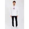 Erkek 3 İplik Pamuklu Kapüşonlu Baskılı Cepli Oversize Sweatshirt Hoodie - Beyaz