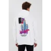 Erkek 3 İplik Pamuklu Kapüşonlu Baskılı Cepli Oversize Sweatshirt Hoodie - Beyaz