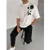 Erkek Kısa Kol Tişört Bisiklet Yaka GÜL Baskılı Oversize T-Shirt - Beyaz