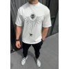 Erkek Kısa Kol Tişört Bisiklet Yaka GÜL Baskılı Oversize T-Shirt - Beyaz