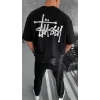 Erkek Kısa Kol Yazlık Tişört Bisiklet Yaka Baskılı Oversize T-Shirt - Siyah