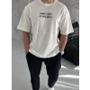 Erkek Bisiklet Yaka Baskılı Oversize  Kısa kol T-Shirt - Beyaz