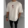 Erkek Kısa Kol Tişört Bisiklet Yaka GÜL Baskılı Oversize T-Shirt - Beyaz