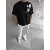 Erkek Kısa Kol Tişört Bisiklet Yaka GÜL Baskılı Oversize T-Shirt - Siyah