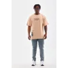Erkek  Bisiklet Yaka Baskılı Oversize T-Shirt - Bej