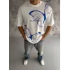 Erkek Kısa Kol Yazlık Tişört Bisiklet Yaka Baskılı Oversize T-Shirt - Beyaz