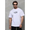 Erkek Kısa Kol Yazlık Tişört Bisiklet Yaka Baskılı Oversize T-Shirt - Beyaz