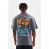 Erkek Tişort  Bisiklet Yaka Baskılı Oversize T-Shirt - Gri