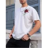Erkek Kısa Kol Yazlık Tişört Bisiklet Yaka GÜL Baskılı T-Shirt - Beyaz