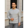 Erkek Bisiklet Yaka Triko Kazak Pamuklu Kalın Fitilli Dokuma Regular Fit - Gri