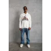 Erkek 3 İplik Pamuklu Kapüşonlu Baskılı Cepli Oversize Sweatshirt Hoodie - Beyaz