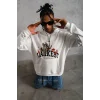 Erkek 3 İplik Pamuklu Kapüşonlu Baskılı Cepli Oversize Sweatshirt Hoodie - Beyaz