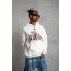 Erkek 3 İplik Pamuklu Kapüşonlu Baskılı Cepli Oversize Sweatshirt Hoodie - Beyaz