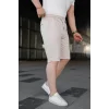 Erkek Diagonel Kumaş Duble Paça Cepli Bağcıklı Bel Lastikli ŞORT - Krem