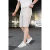 Erkek Diagonel Kumaş Duble Paça Cepli Bağcıklı Bel Lastikli ŞORT - Krem