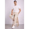 Erkek Diagonel Mikro dokulu Duble Paça Cepli Pantolon Bağcıklı Bel, Modern Kesim - Krem