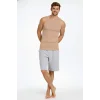 Erkek Fitilli Atlet Sıfır Yaka Slim Fit Arka Baskılı Spor Atlet - Bej