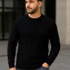Erkek Fitilli Triko Bisiklet Yaka Kalın Kazak 3lü Set Gri-Haki-Siyah