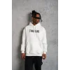 Erkek 3 İplik Pamuklu Kapüşonlu Baskılı Cepli Oversize Sweatshirt Hoodie - Beyaz
