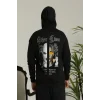Erkek Kapüşonlu Kanguru Cepli Sweatshirt 3 İplik Pamuklu Baskılı Hoodie - Siyah