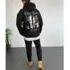 Erkek Kapüşonlu Kanguru Cepli Sweatshirt 3 İplik Pamuklu Baskılı Hoodie - Siyah