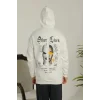Erkek 3 İplik Pamuklu Kapüşonlu Baskılı Cepli Oversize Sweatshirt Hoodie - Beyaz