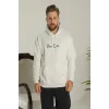 Erkek 3 İplik Pamuklu Kapüşonlu Baskılı Cepli Oversize Sweatshirt Hoodie - Beyaz