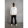 Erkek 3 İplik Pamuklu Kapüşonlu Baskılı Cepli Oversize Sweatshirt Hoodie - Beyaz