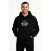 Erkek Kapüşonlu Kanguru Cepli Sweatshirt 3 İplik Pamuklu Baskılı Hoodie -  Siyah